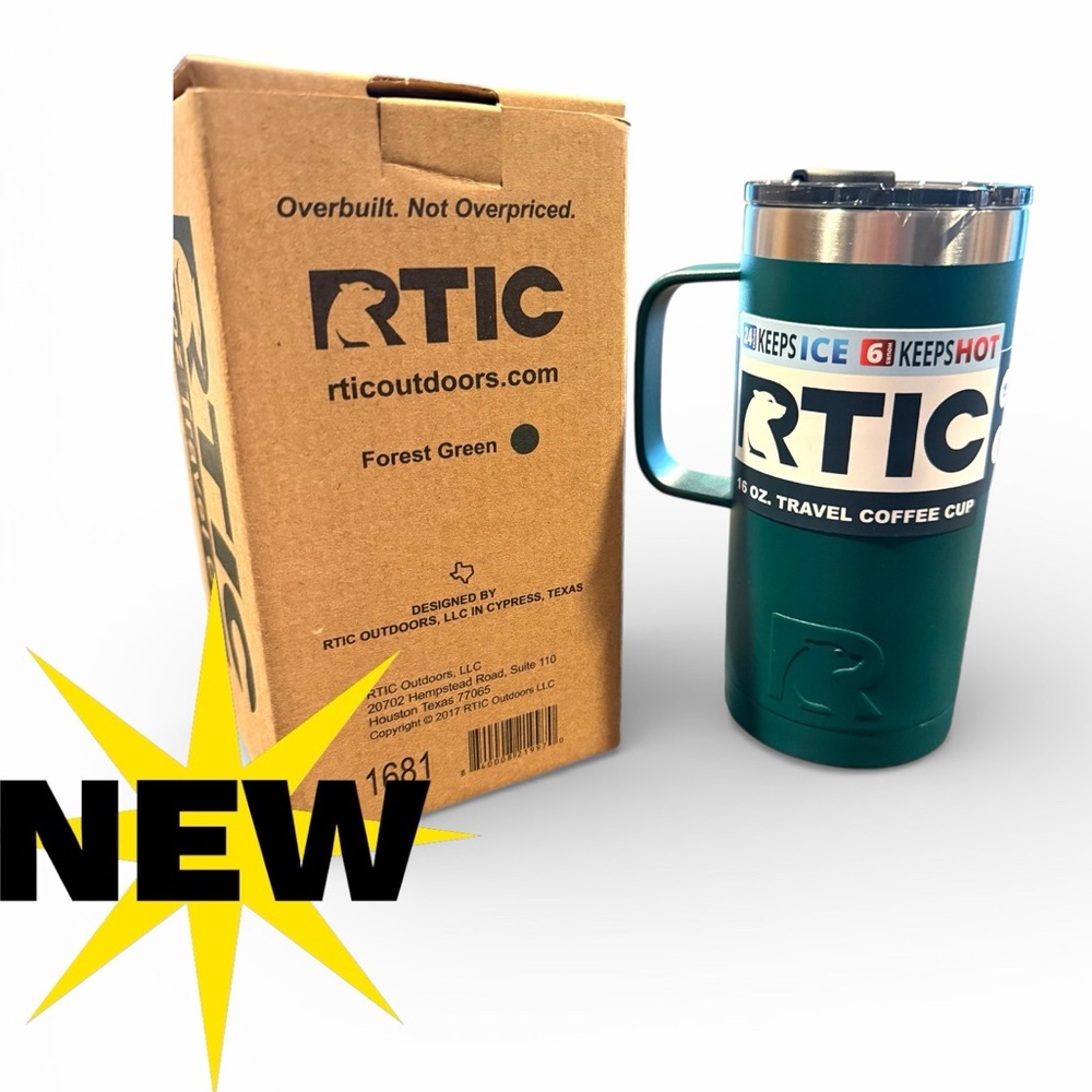 Last one! NEW in box Rtic Forest Green 💚 16 oz travel tumbler spill proof handle